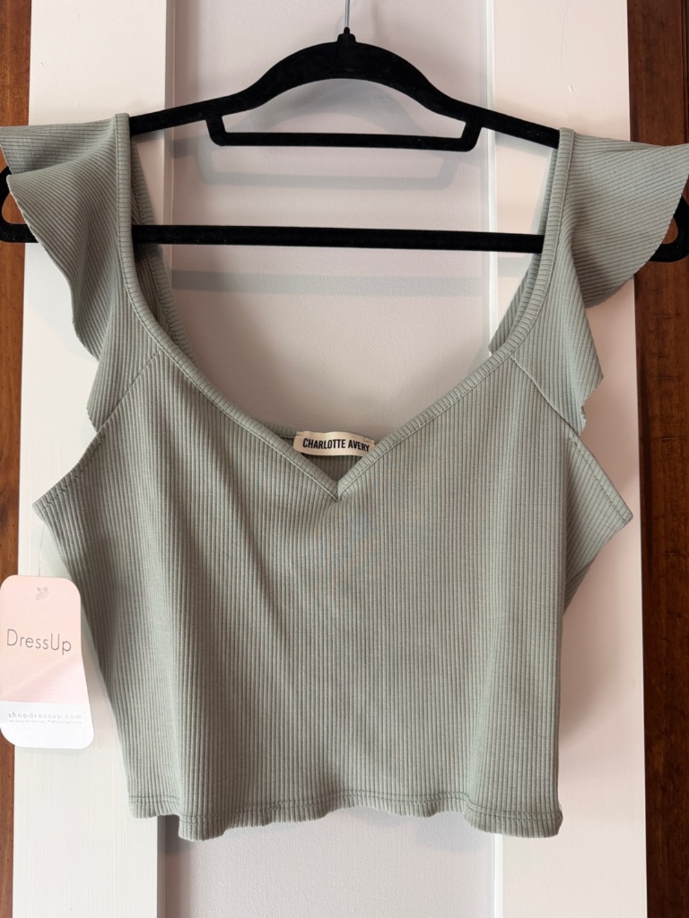 Sage Green Ribbed Flutter Sleeve Cropped Tank Top